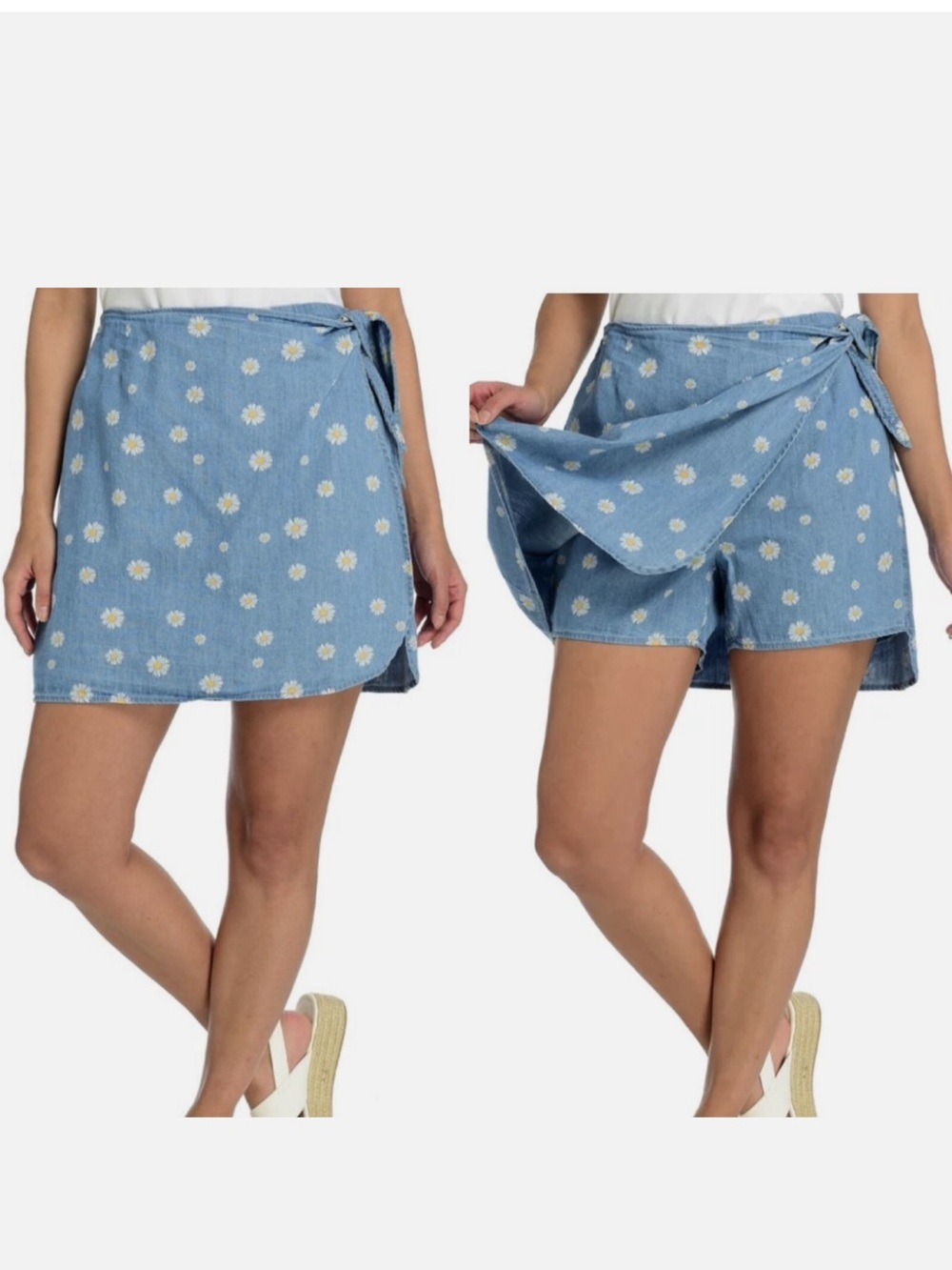 CJ Banks Daisy Print Chambray Wrap Front Skort Size 2X.